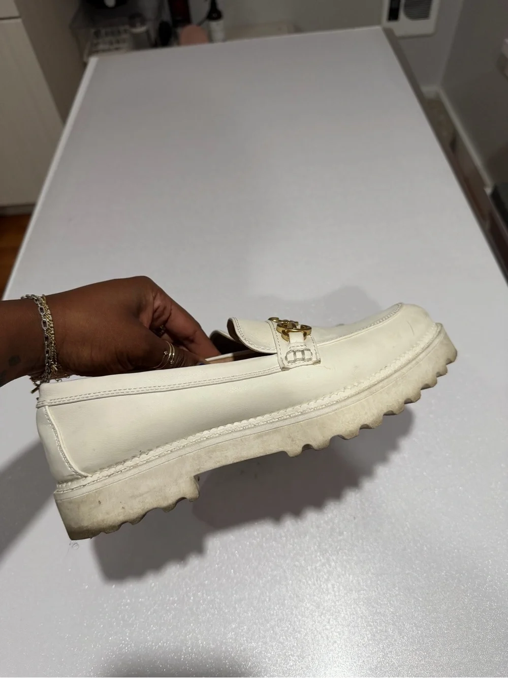 Circus by Sam Edelman Cream Leather Loafers with Gold Hardware